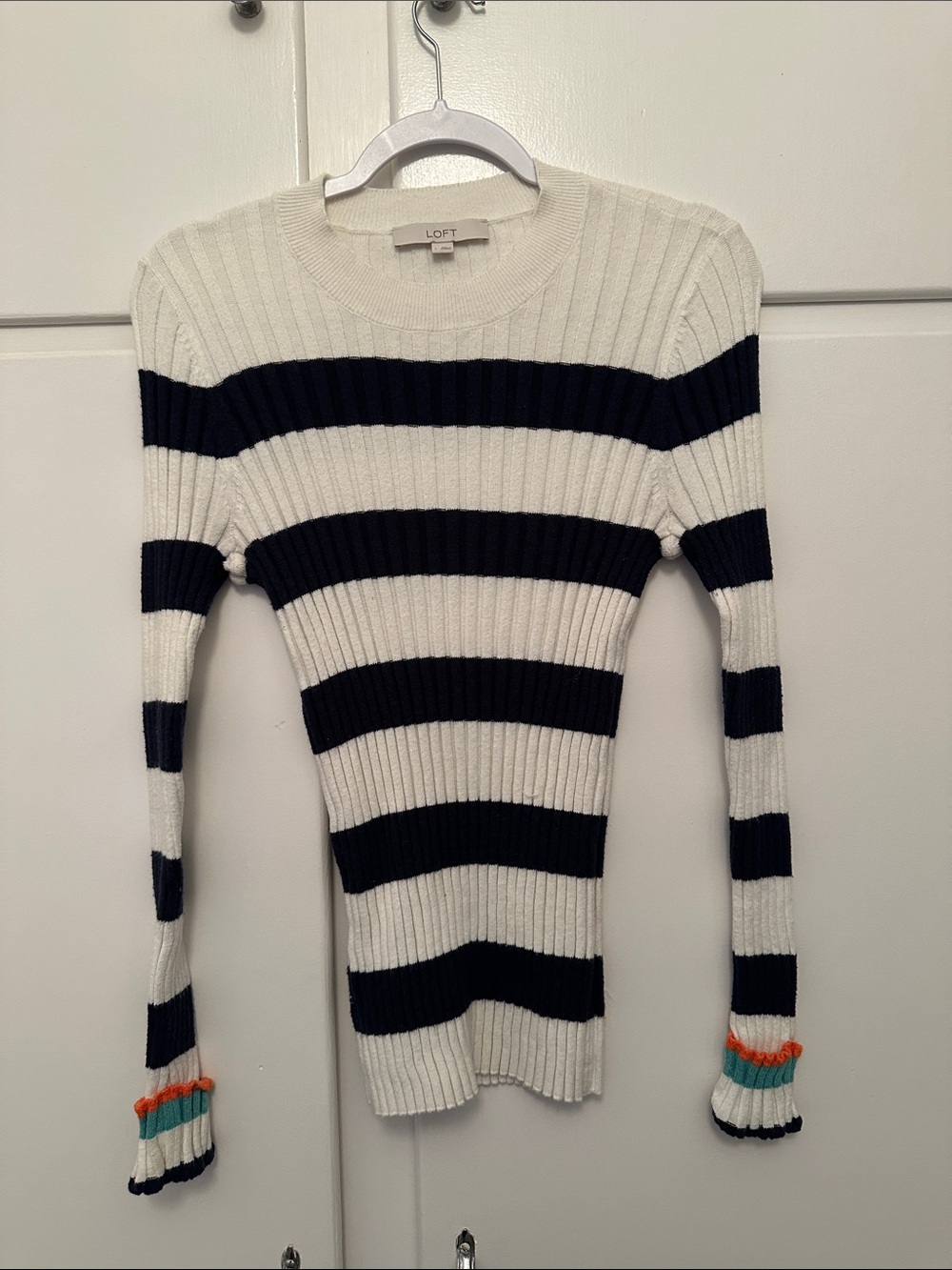 EUC LOFT Navy & White Ribbed Stripe Crew Sweater with Colorful Cuff Detail